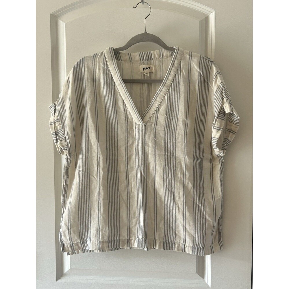 Pact Women’s Size XS/S Blue Striped Pullover Organic Cotton Top FLAW